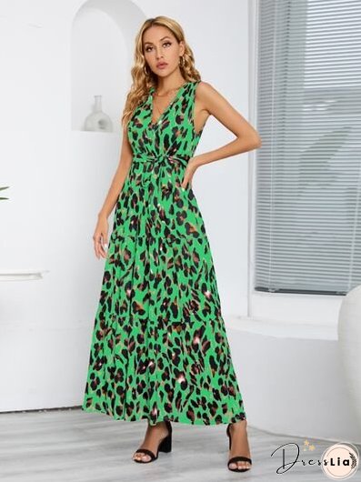 Tied Printed Surplice Tiered Tank Dress