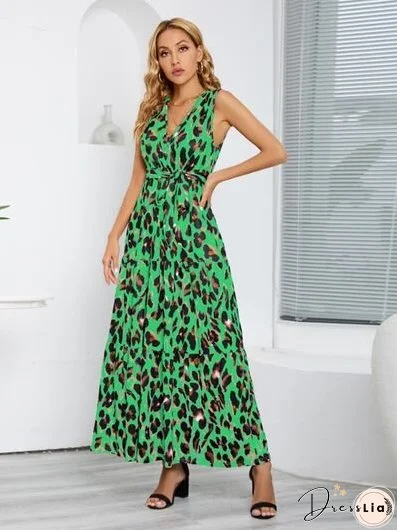 Tied Printed Surplice Tiered Tank Dress