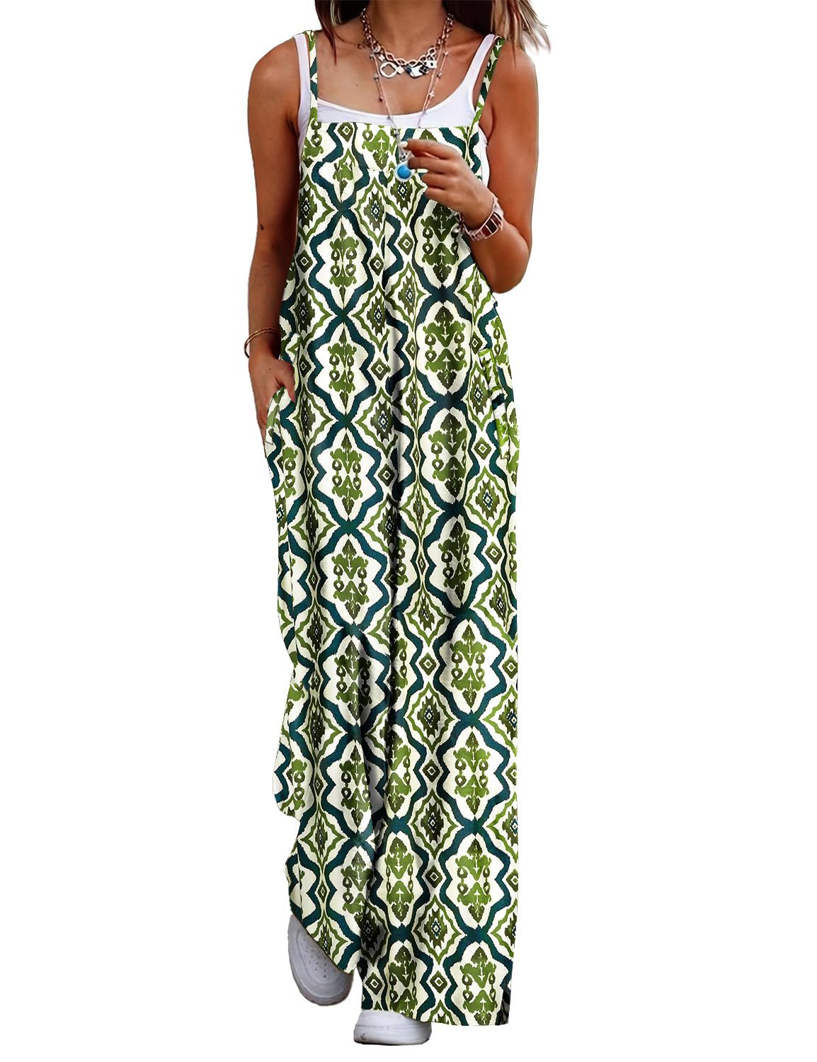 Cczzt Casual Loose Print Pocket Beach Holiday Jumpsuit Women Fashin Sleeveless Spaghetti Summer Wide Leg Pant Rompers Ladies 2025