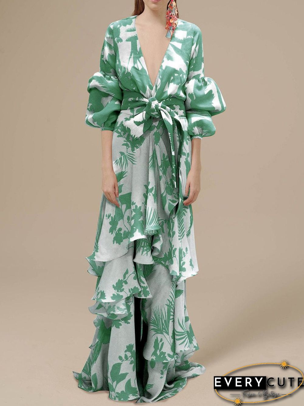 Women'S Dresses Deep V Neck Irregular Boho Print Chiffon Dress