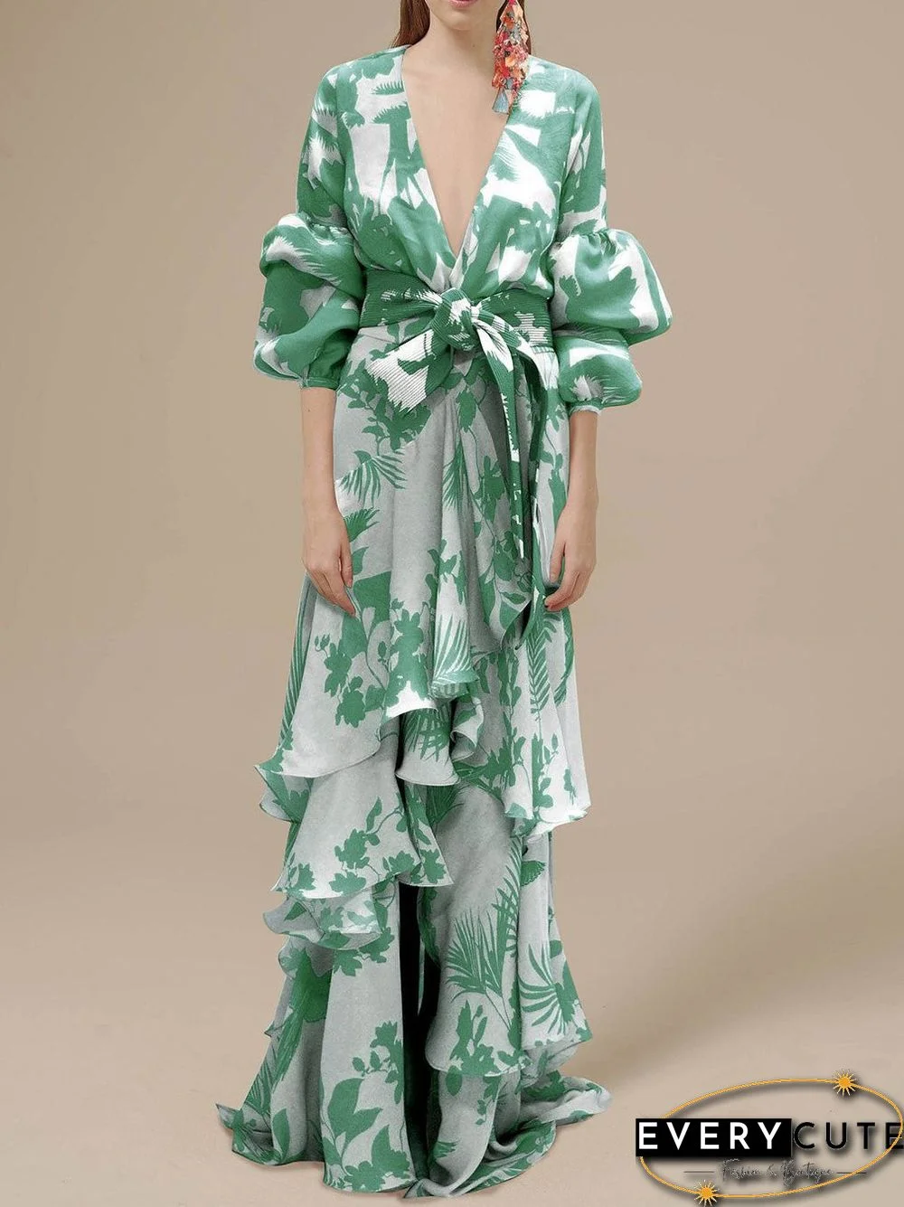 Women'S Dresses Deep V Neck Irregular Boho Print Chiffon Dress