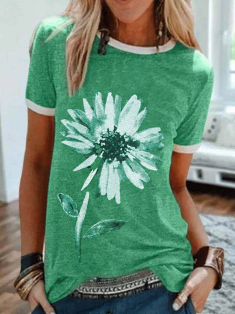 Flower Print Short Sleeve O neck Casual T shirt For Women P1728944
