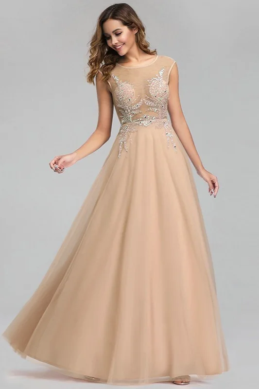 Gorgeous Tulle Prom Dresses Scoop Long Evening Gowns With Crystals