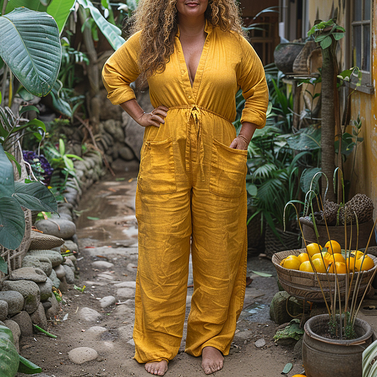 Plus Size Women's Linen Retro Ethnic Style Oversized Comfortable Breathable V-Neck Jumpsuit Holiday Comfortable Casual J
