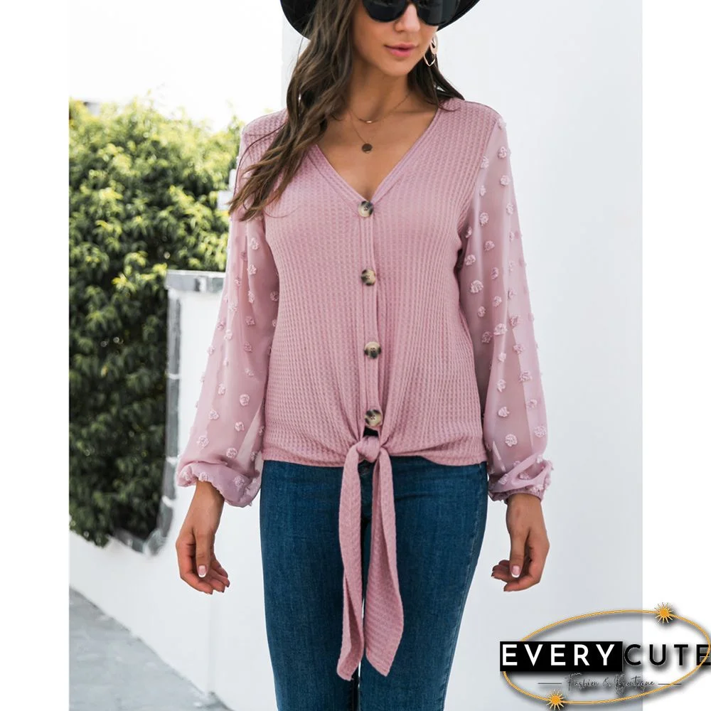 Pink Waffle Splice Swiss Dot Long Sleeve Blouse