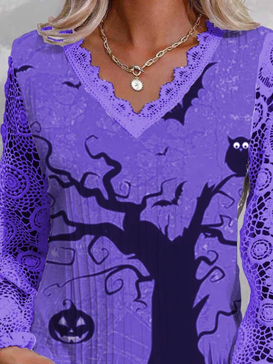 Women Long Sleeve V-neck Printed Graphic Halloween Lace Tops