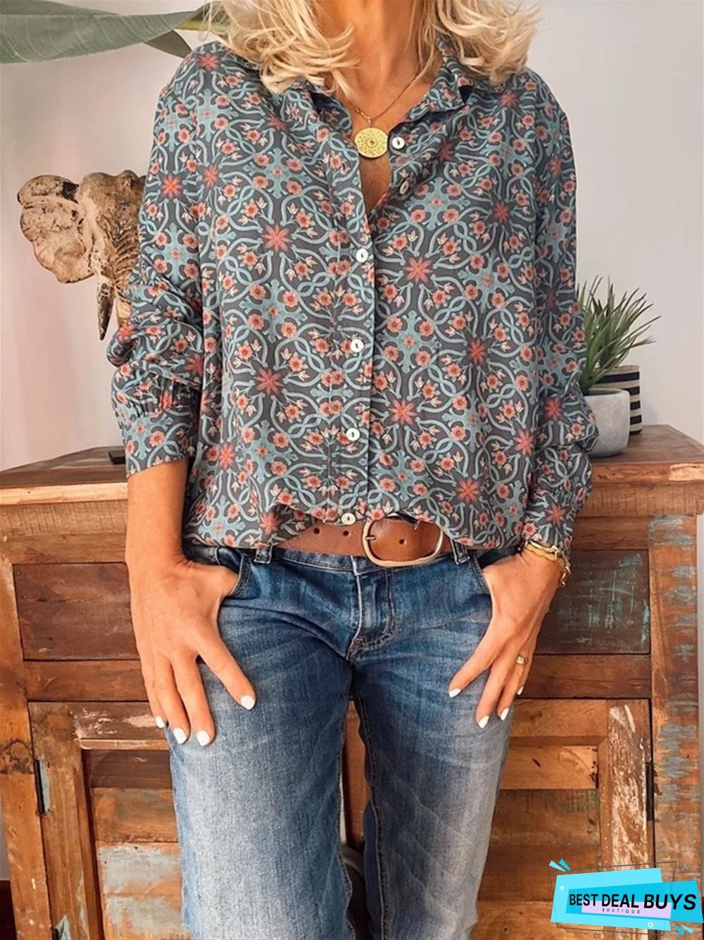 Green Printed Cotton Long Sleeve Casual Blouse & shirt