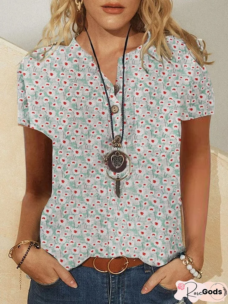 Casual Shirt Collar Short Sleeve Floral Blouse