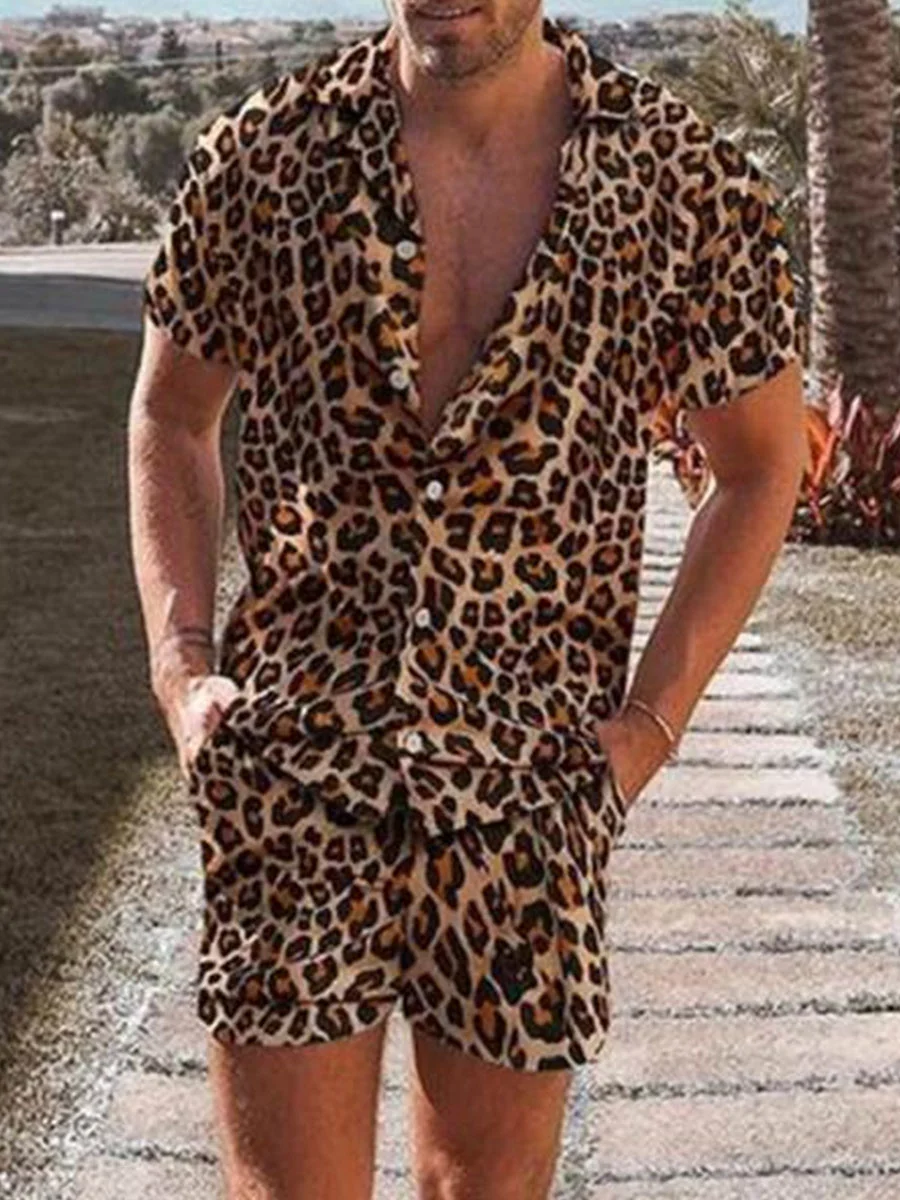 Tiboyz Men's Casual Leopard Print Beach Short Sleeve Shirt And Shorts Set