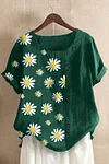 Plus Size Linen Daisy Print Short Sleeve Blouses (Without Necklace)