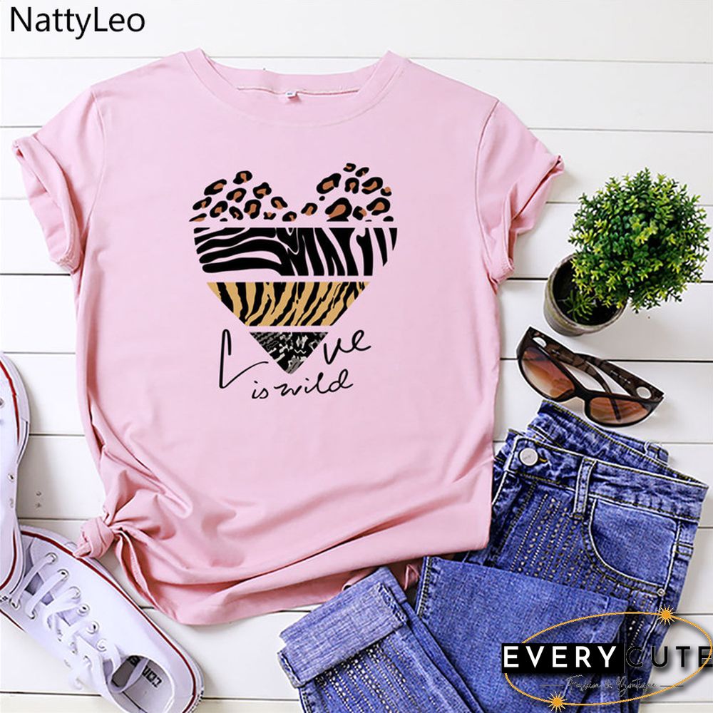 White Woman Tshirts Summer TShirt Fashion Heart Leopard Print Shirt 100%Cotton Tops O Neck Short Sleeve Tees Women Graphic Tee