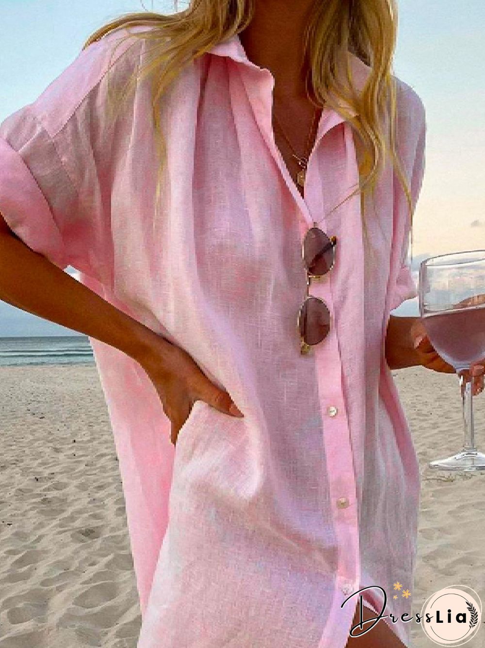 Plus Size Casual Solid Lapel Long Sleeve Loosen Dresses