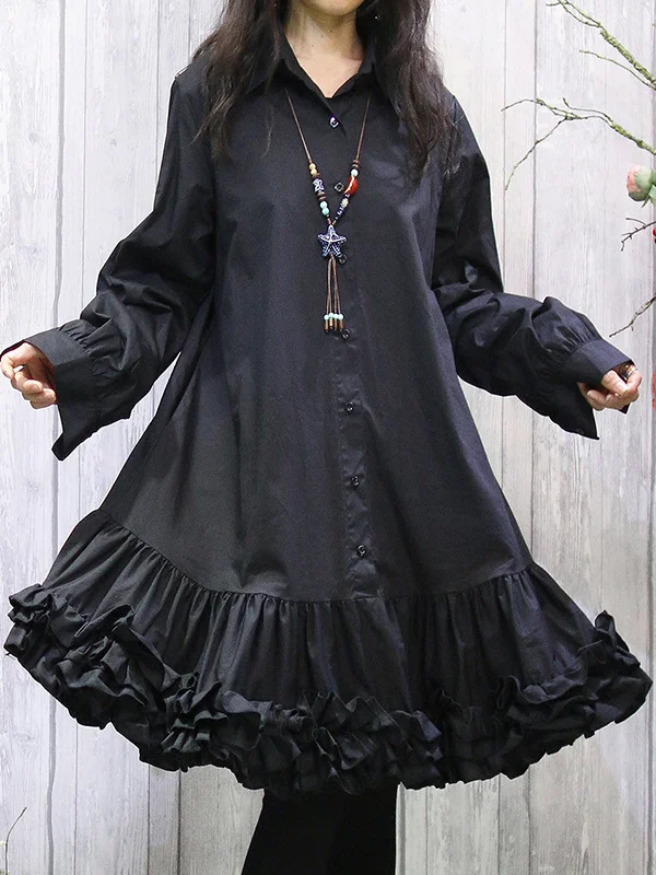 Solid Color Ruffled Pleated Buttoned Loose Long Sleeves Lapel Shirt Dress Midi Dresses