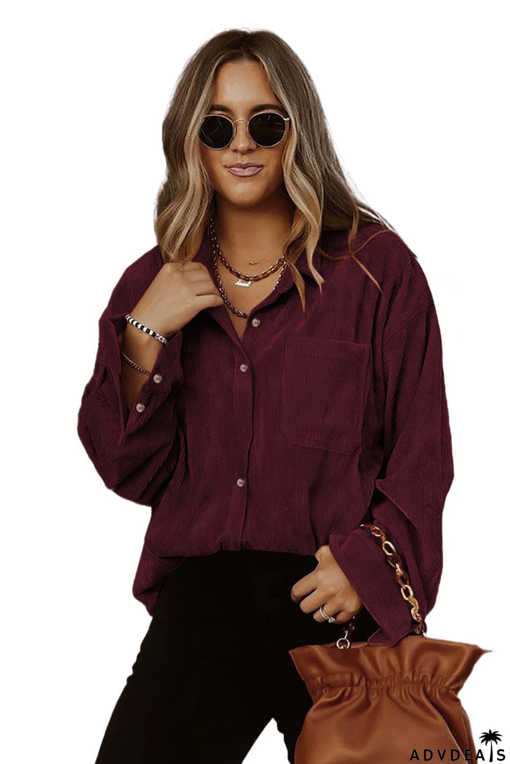 Wine Red Corduroy Button Pocket Shirt