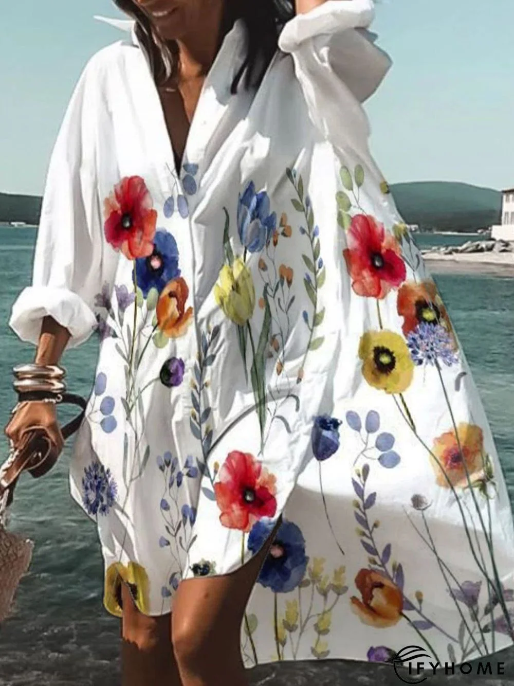 Floral Printed Shawl Collar Holiday Long Sleeve Casual Weaving Dress | IFYHOME