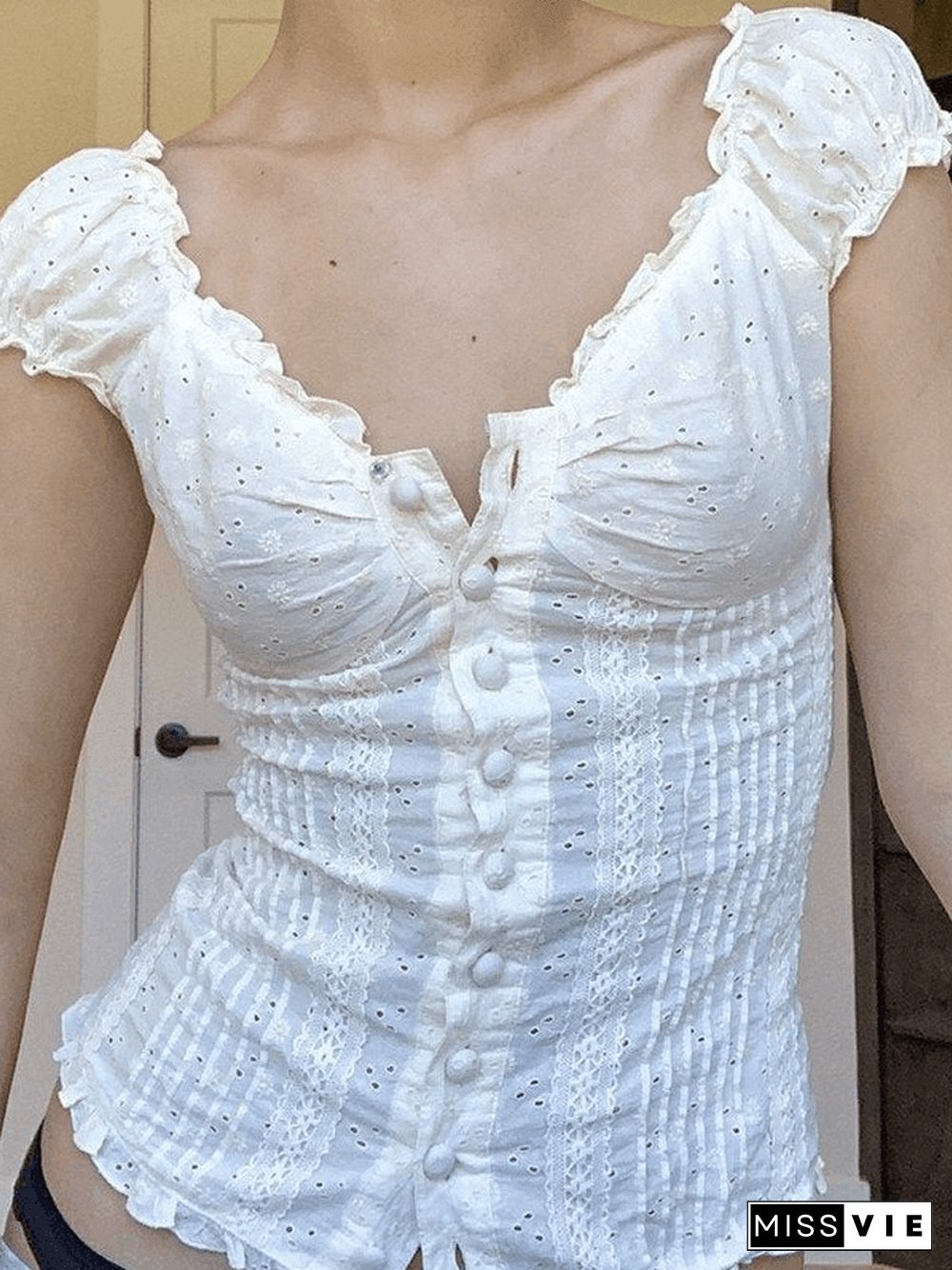 Button Down Broidered Lace Crop Blouse