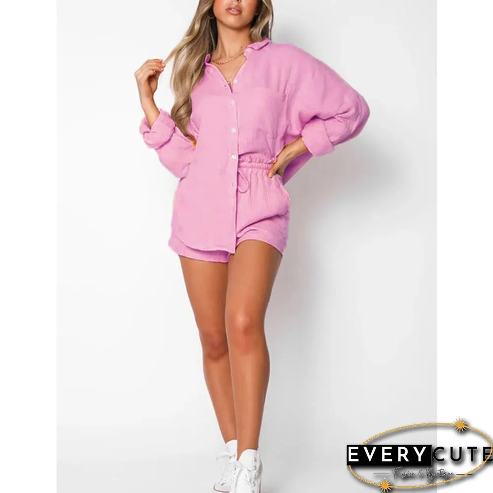 Pink Cotton Blend Pocket Shirt with Shorts Set