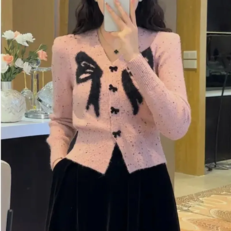 Churchf Churchf Design Sense Embroidered Bow Sweater 2024 Autumn / Winter Sweet Printed Cardigan Show Thin Jacket
