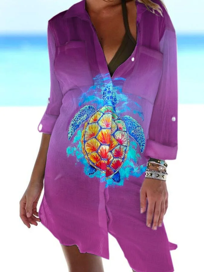 🔥Buy 3 Get 10% Off🔥Women's Turtle Print Vacation Long Sleeve Shirt