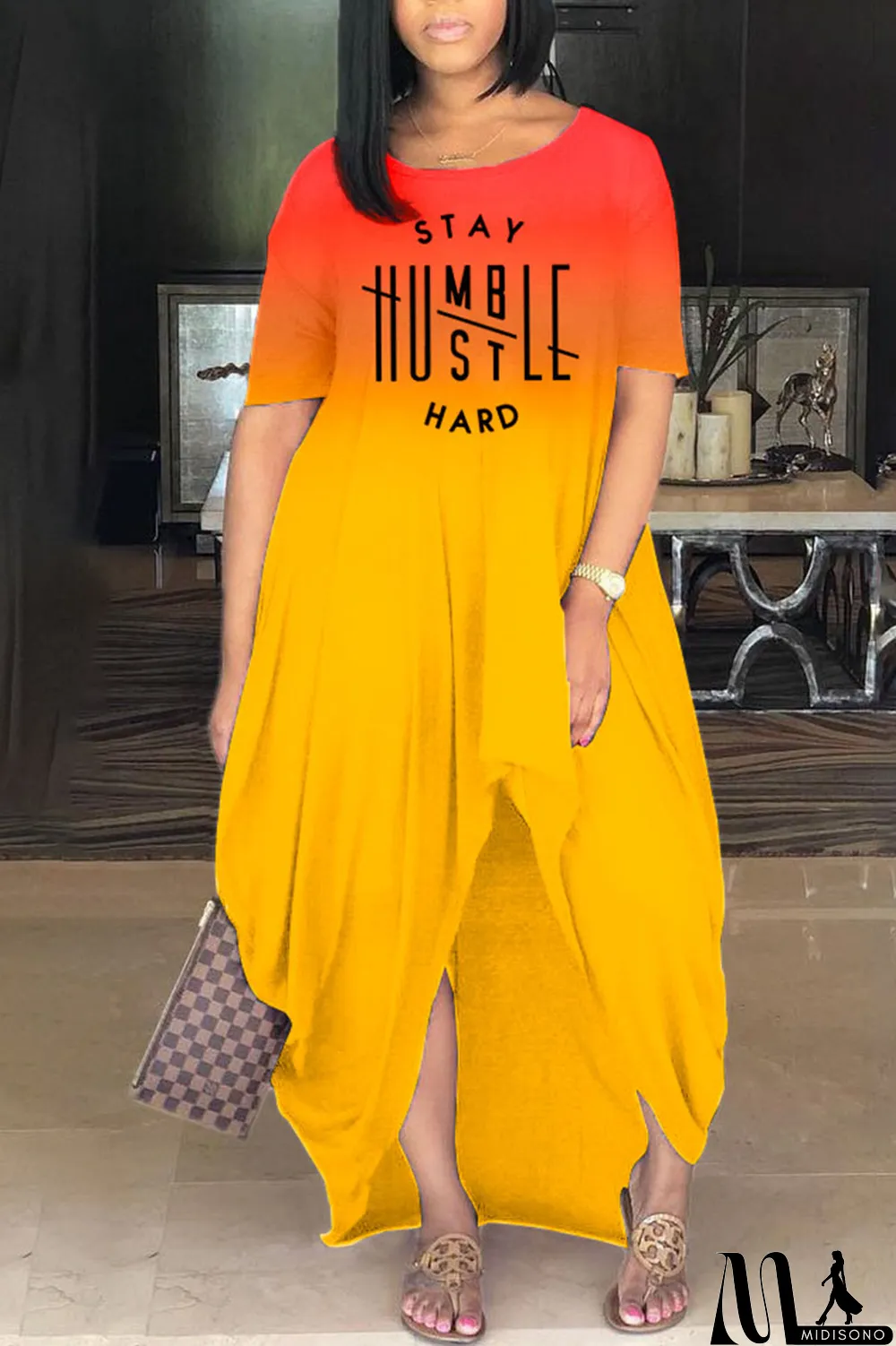 MidiSono - Yellow Casual Gradual Change Print Patchwork Asymmetrical O Neck Irregular Dress Dresses