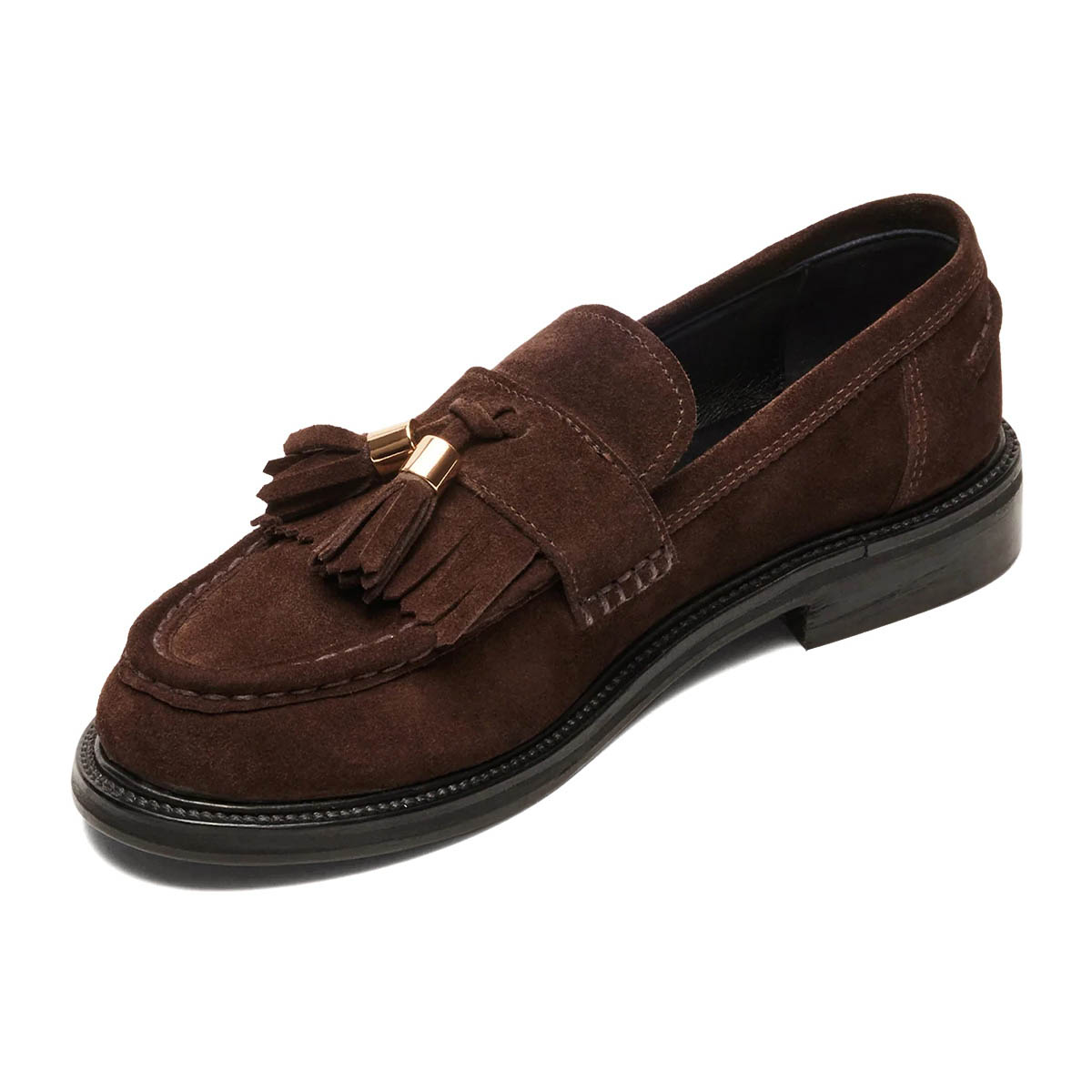 Brown Vegan Suede Fringe Moc Toe Low Heel Pull-On Womens Loafers Nicepairs