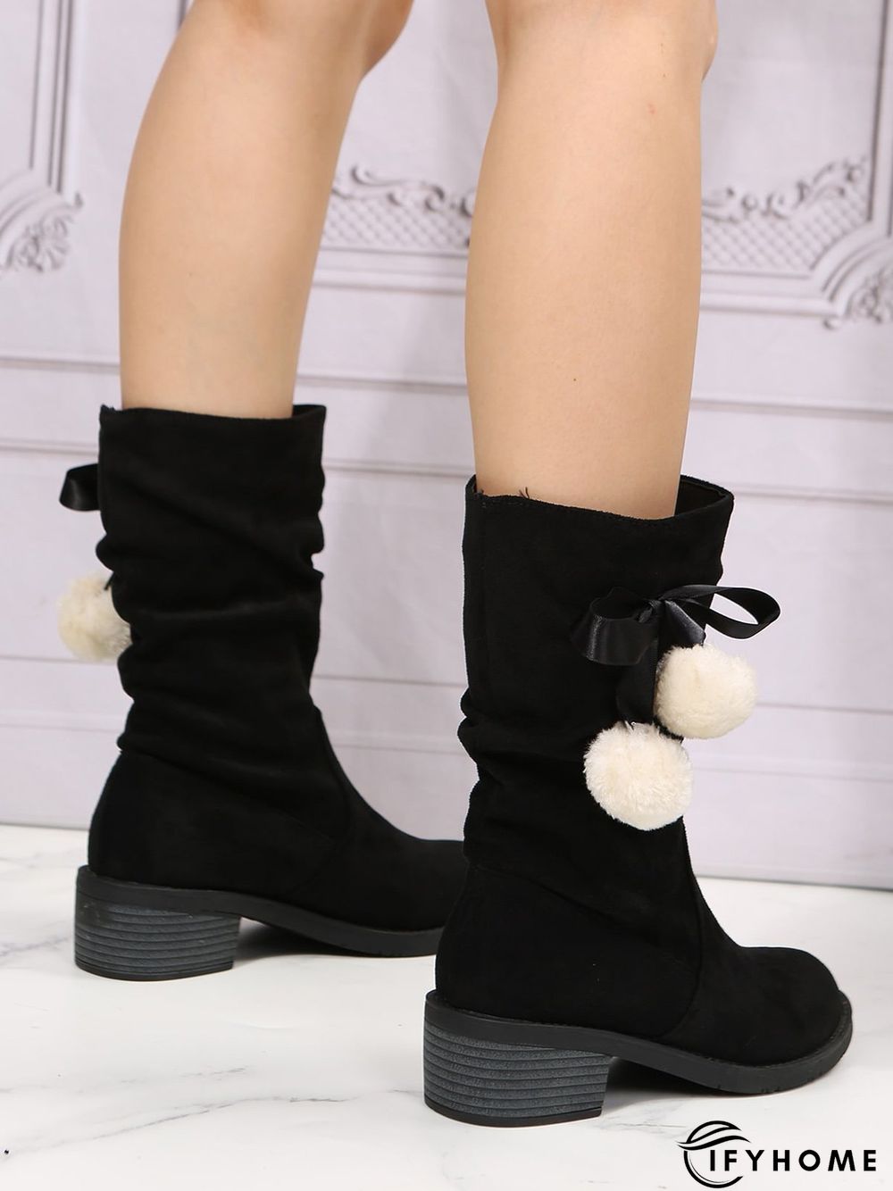 Christmas Pompom Decor Faux Suede Slouchy Boots | IFYHOME