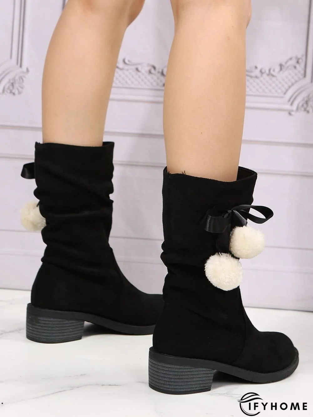 Christmas Pompom Decor Faux Suede Slouchy Boots | IFYHOME