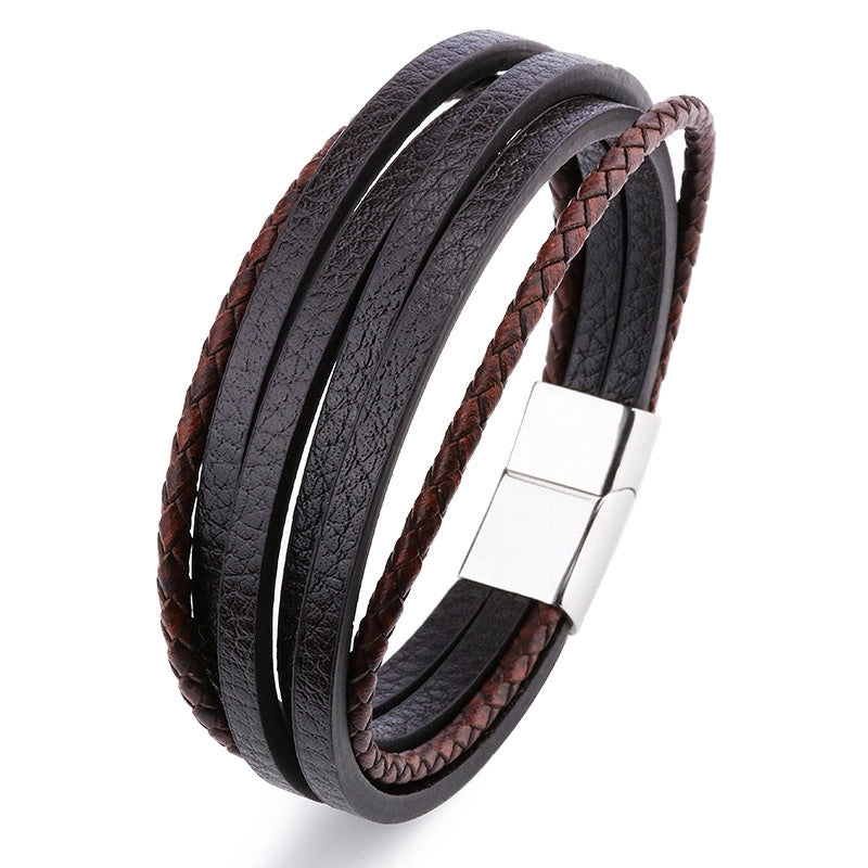 Retro Minimalist Solid Color Pu Leather Alloy Magnetic Buckle Layered Plating Men’s Bracelets Men Cord & Leather Bracelets