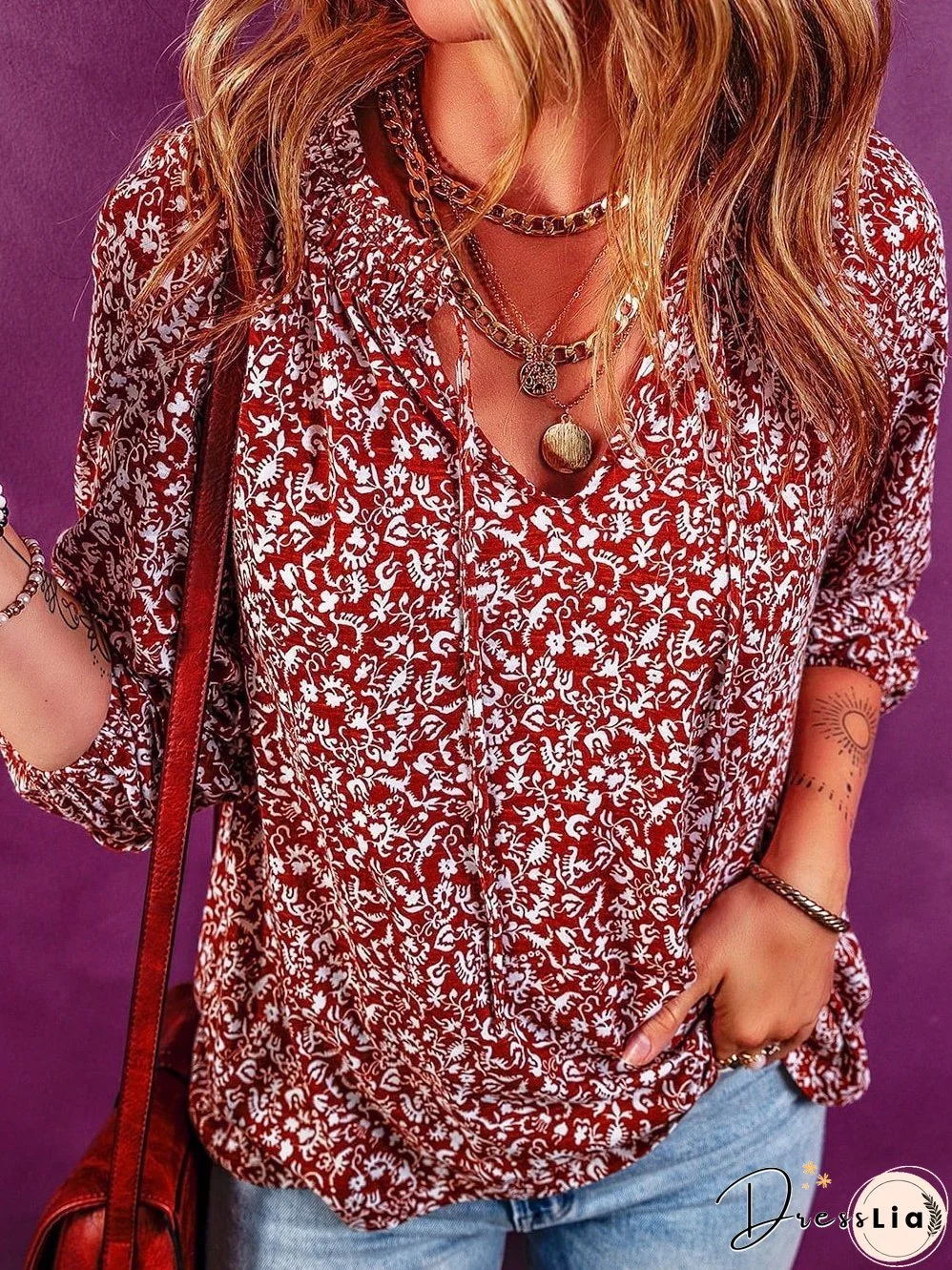 Burgundy Flower Print Neck Tie Blouse
