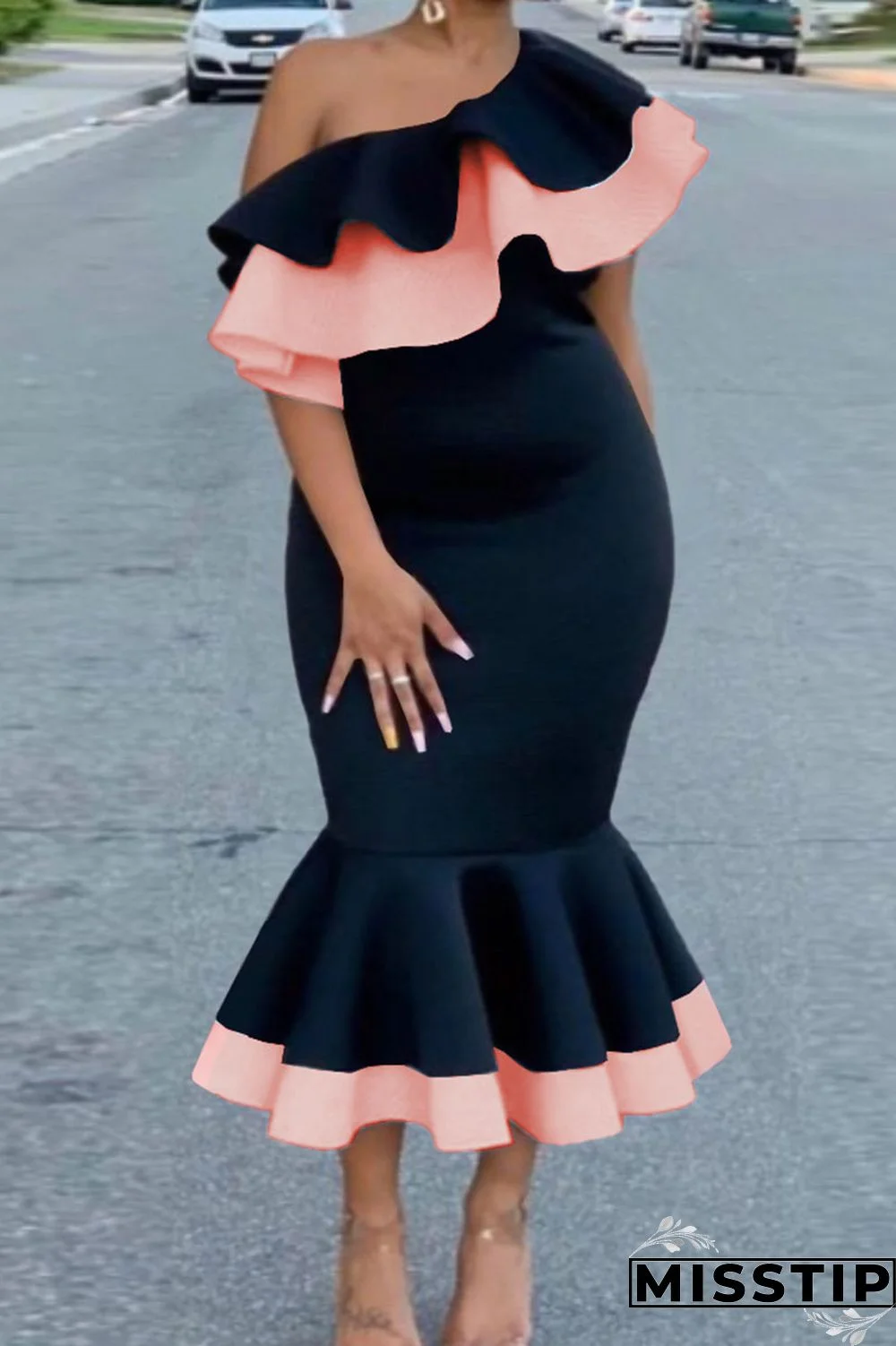 Rose Red Elegant Solid Patchwork Flounce Oblique Collar Trumpet Mermaid Dresses