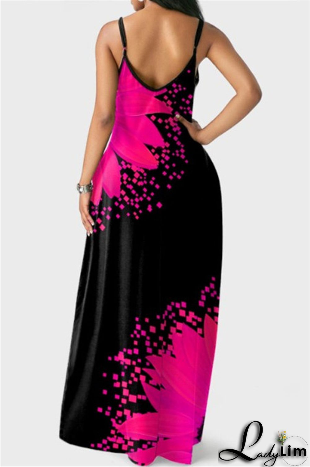 Yellow Fashion Sexy Print Backless Spaghetti Strap Long Dress