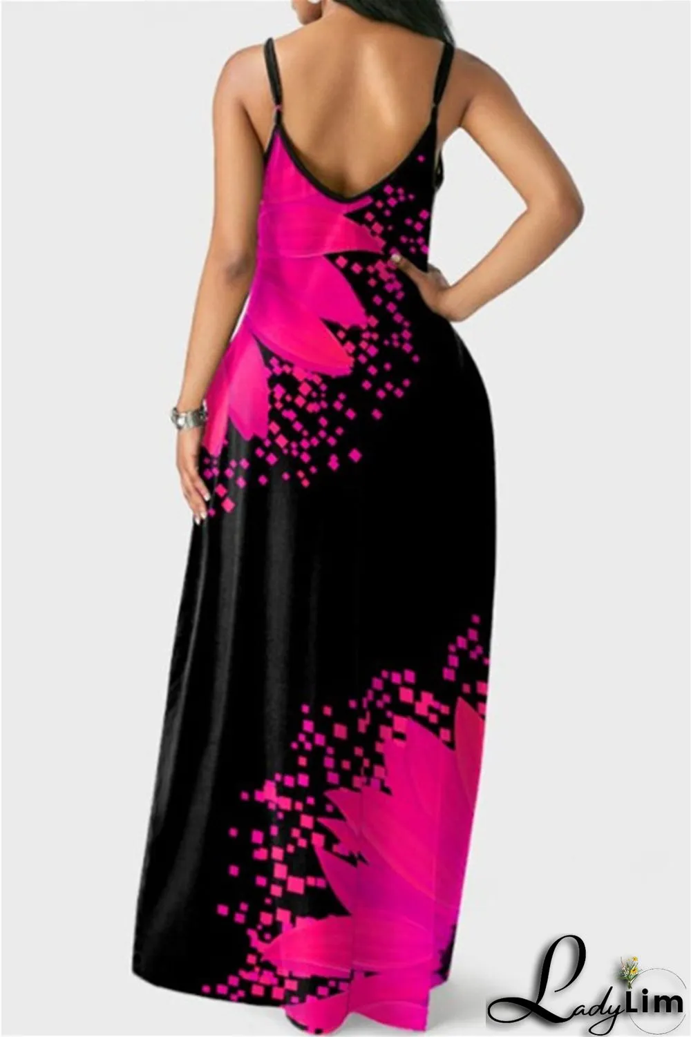 Yellow Fashion Sexy Print Backless Spaghetti Strap Long Dress