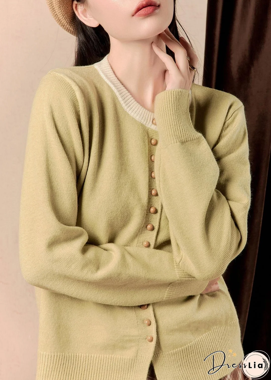 Women Yellow O Neck Button Knit Coats Winter