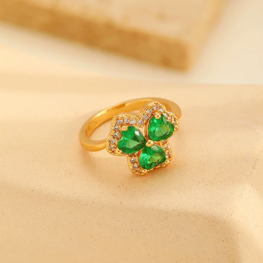 Emerald Zirconia Three Petal Grass Open End Ring