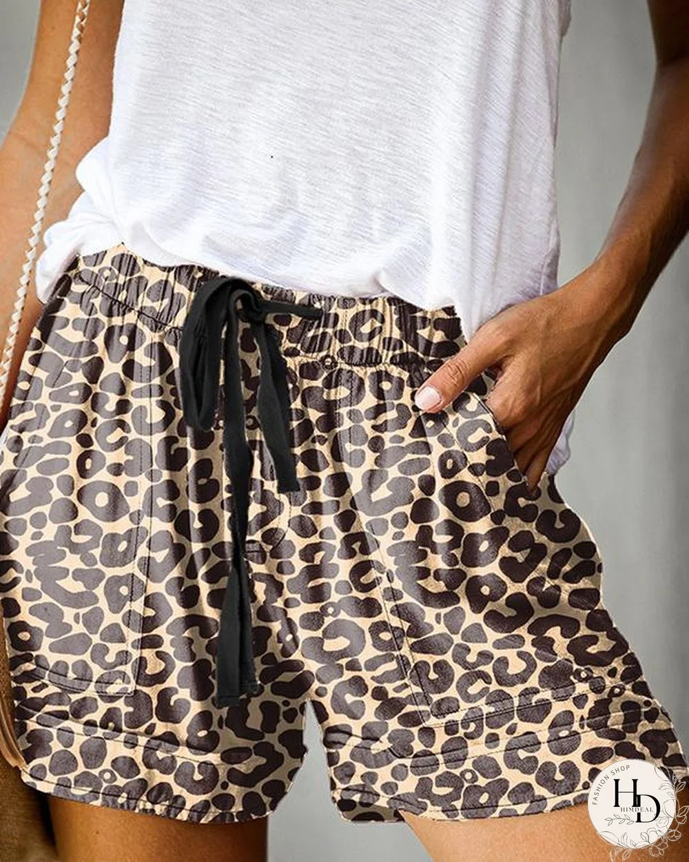 Elastic High Waist Leopard Printed Pocketed Adjustable Rope Pants