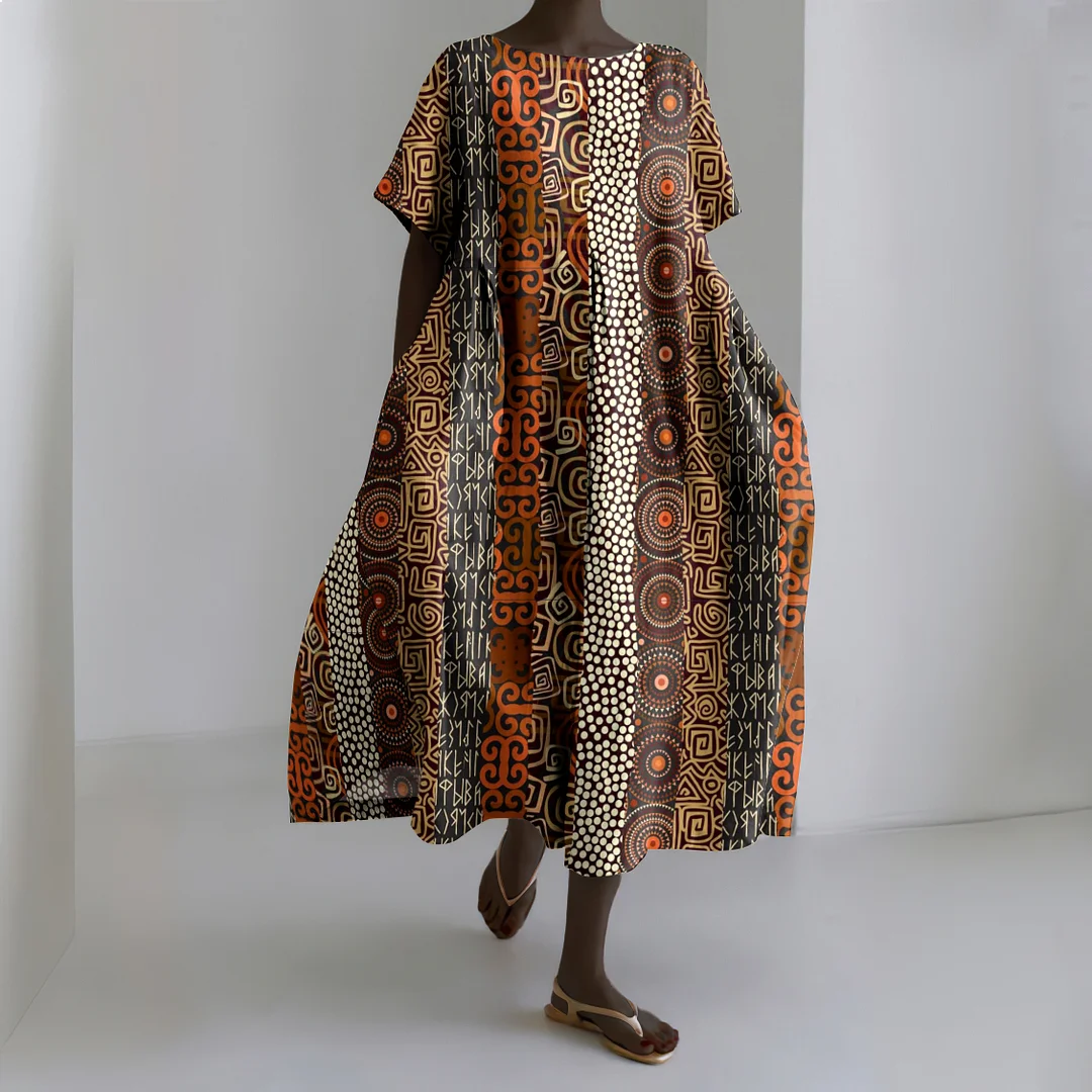 African Geometric Print Short Sleeve Midi Dress