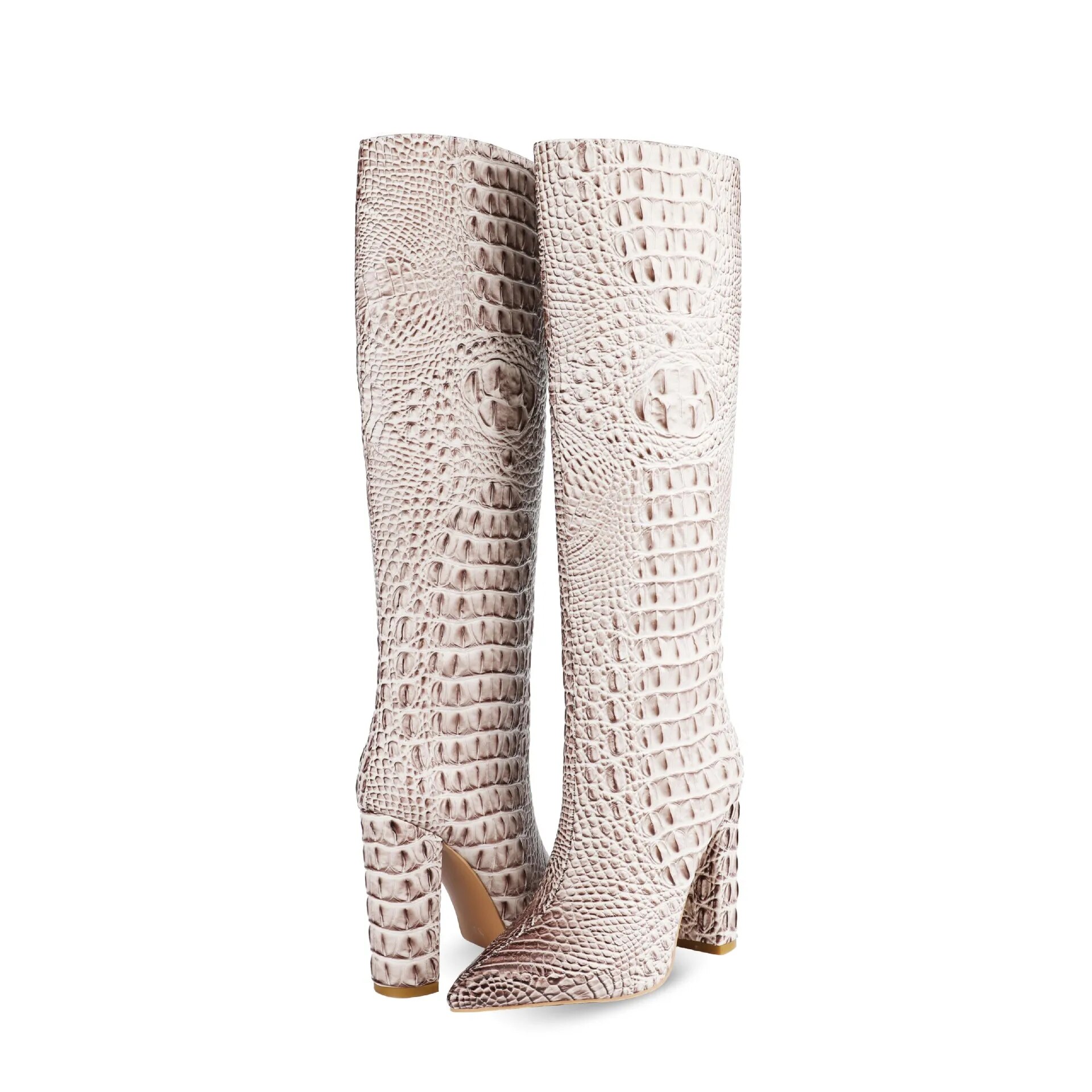 VCSHOES Alligator Grain Leather Knee High Boots Pointed Toe Boots Chunky High Heels Knight Boots Woman Botte Shoes