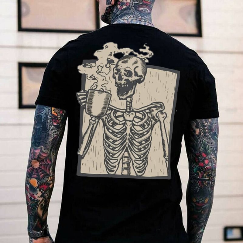 Skeleton Drinking Coffee Printing Casual Comfortable T-shirt -  