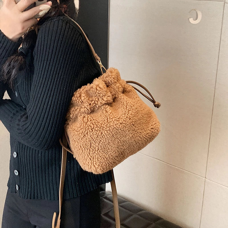 Autumn And Winter New Particle Lamb Fur Bag Women's Portable Coin Purse Crossbody Drawstring Lucky Bag Plush Bag