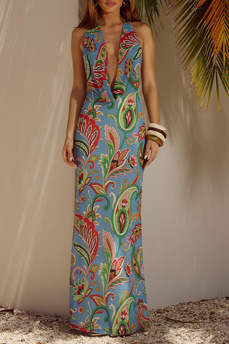 Floral Print Halter Cowl Neckline Slim Fit Maxi Dresses-Blue [Pre Order]