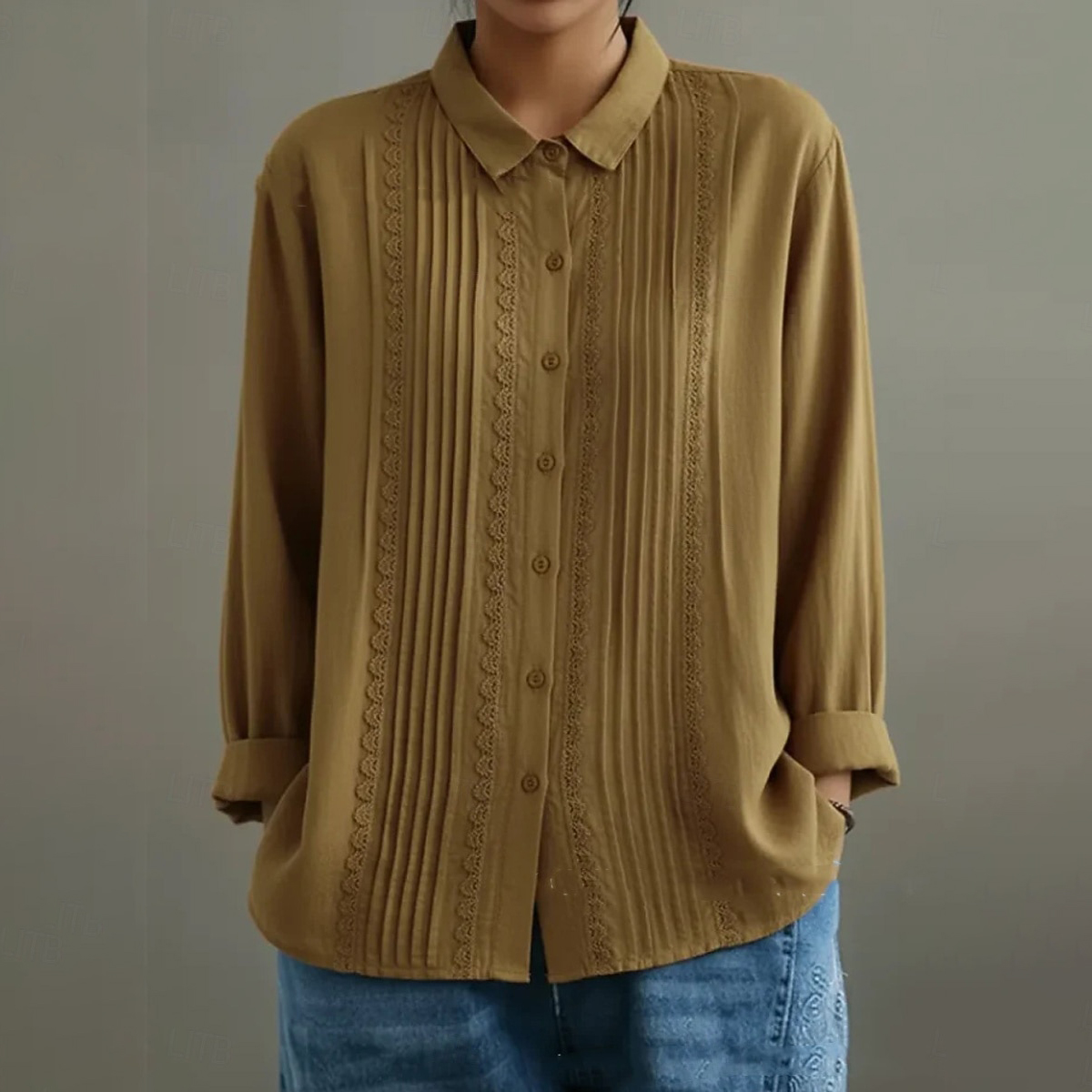 Women's Casual Shirt Button Up Lace Linen Blend Blouse wearshes