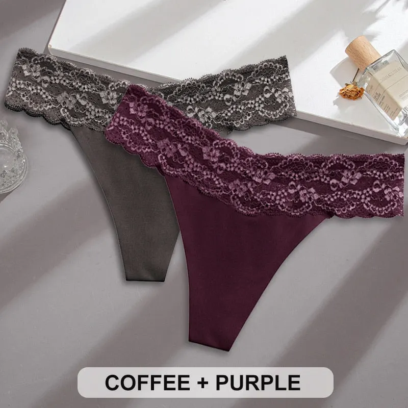 2PCS/Set Lace Panties Sexy Underwear Thong Women Panties G-String Panties Briefs Lingerie Floral V Waist Design Female Underpant