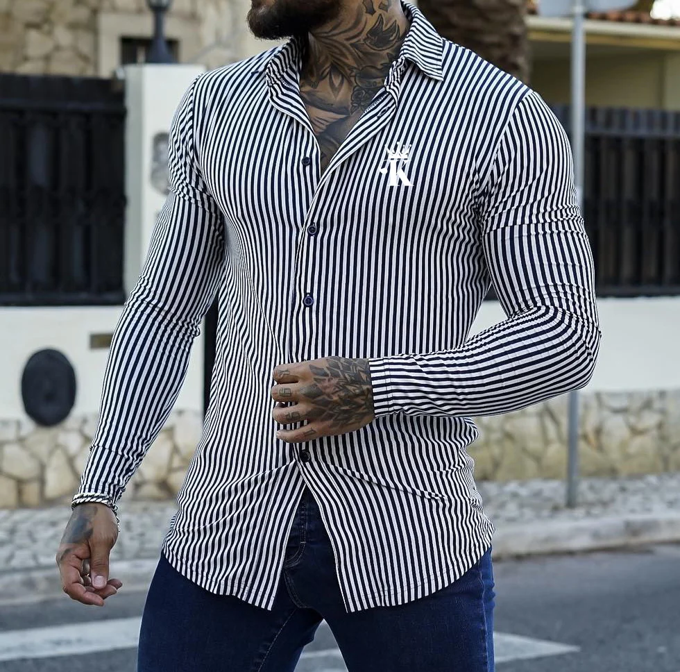 Men's Fashion Crown King Print Casual Shirt Slim Long-sleeved Stripe Cardigan