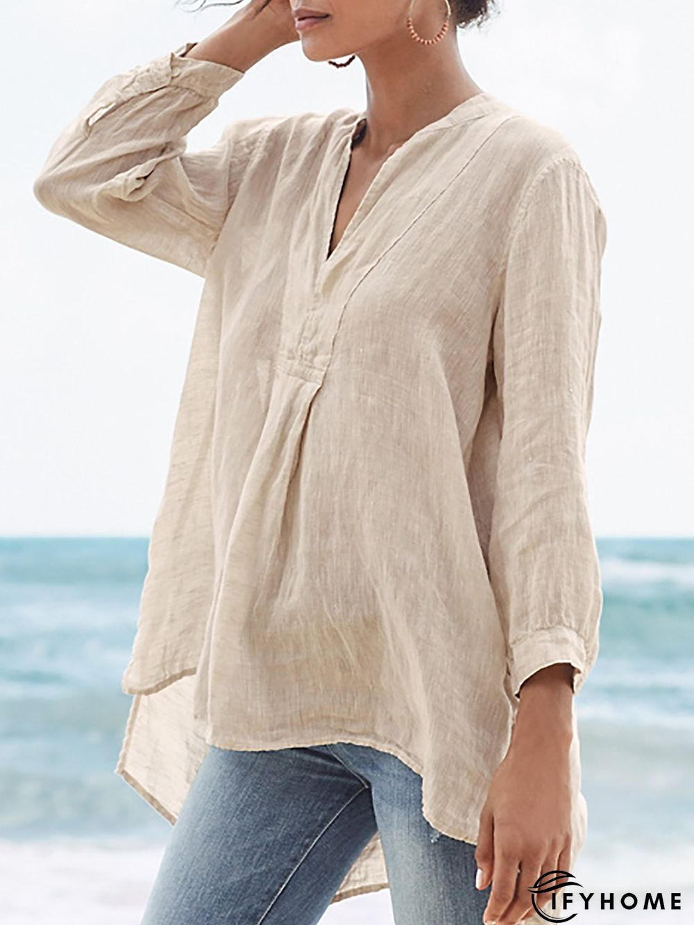 Solid V Neck Casual 3/4 Sleeve Plus Size Shirts | IFYHOME