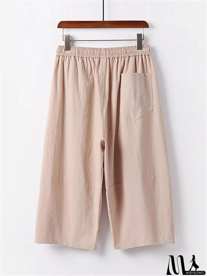 MidiSono - Summer Drawstring Design Loose Wide-Leg Casual Cropped Trousers