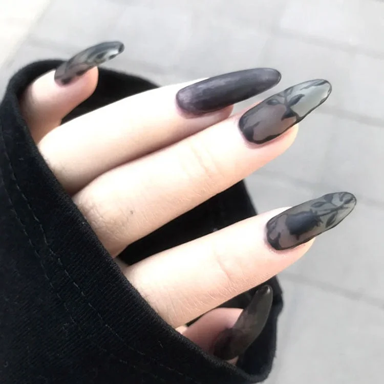 24PCS Black Rose Nail Patch Dark Style Glue Type Removable Long Paragraph Manicure Save Time False Nail Patch SANA889-Nail Inspo