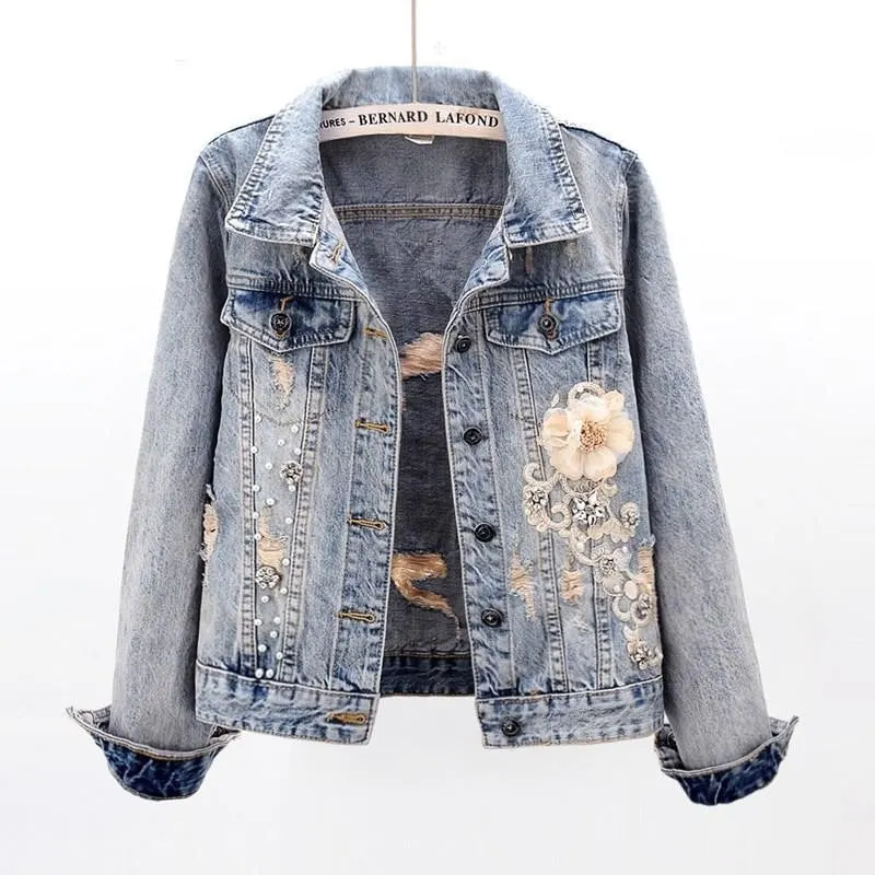 Spring Autumn Women's Denim Jacket New Diamond Flower Long Sleeve Jeans Jackets Girl Short Outwear Vintage Cowboy Tops Female