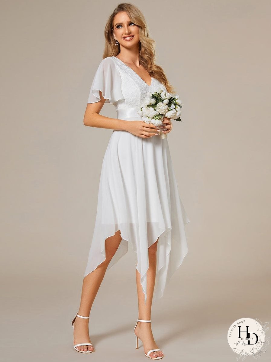 V-Neck Asymmetrical Dress with Short Sleeves