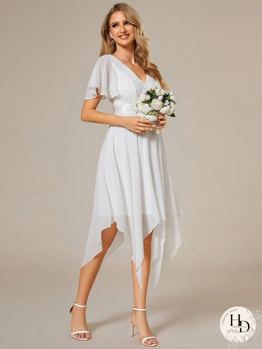 V-Neck Asymmetrical Dress with Short Sleeves