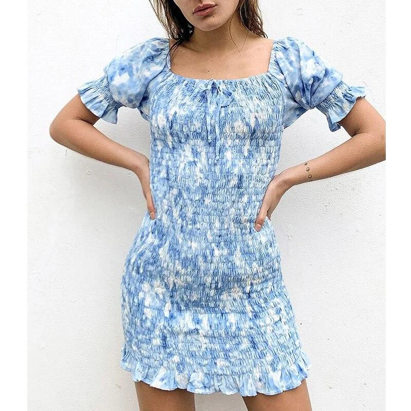Boho Inspired smocked tie-dyed crepe mini dress shirred bodice ruffled hem summer dress new  part dress for women 2023